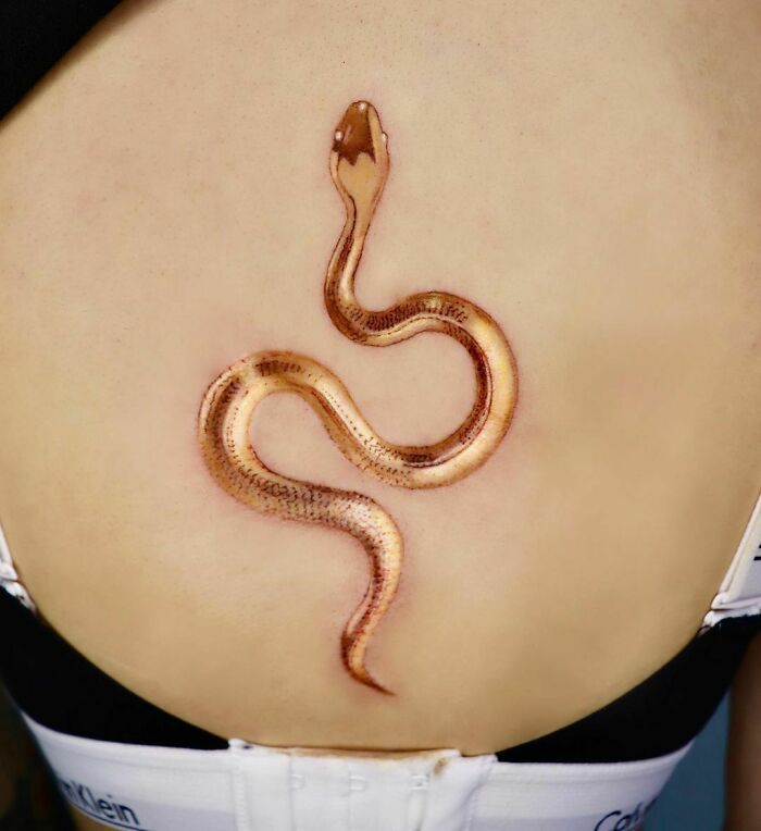 a woman's stomach with a gold colored snake tattoo on the side of her belly