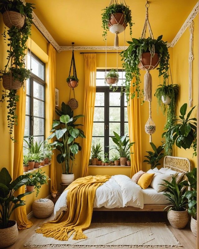 a bedroom with yellow walls and plants hanging from the ceiling, along with a bed