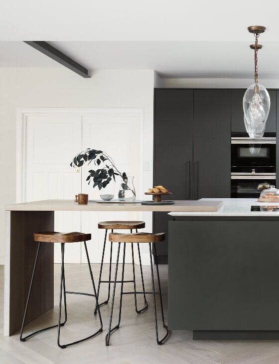 a kitchen with an island and stools in it