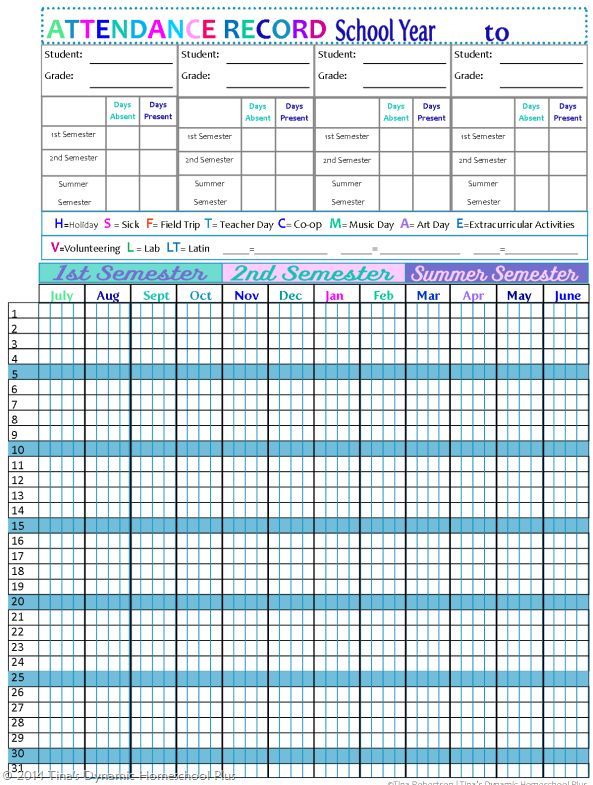 the attendance record sheet for school year