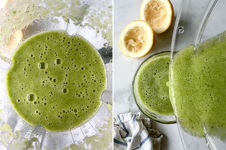 two pictures side by side one shows a green smoothie and the other shows an orange slice