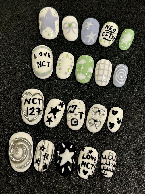 P1harmony Nails Designs, Nail Art Nct, Nct Dream Nails, Nct Inspired Nails, Nct Nails Designs, Txt Nails, Nct Nails, Luv Nails, Concert Nails