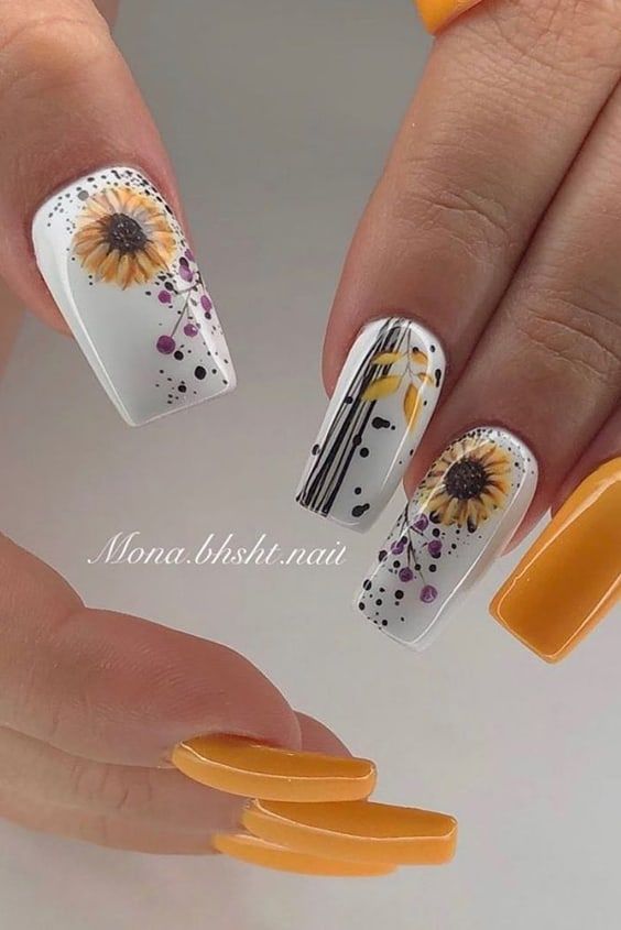 Gel Sunflower Nails, Sunflower Nail Ideas Art Designs, Sunflower Nail Art Designs, Nails Sunflower Design, Pretty Nails Design Inspiration, Fall Flower Nail Designs, Sunflower Fall Nails, Sunflower Gel Nails, Cute Sunflower Nails