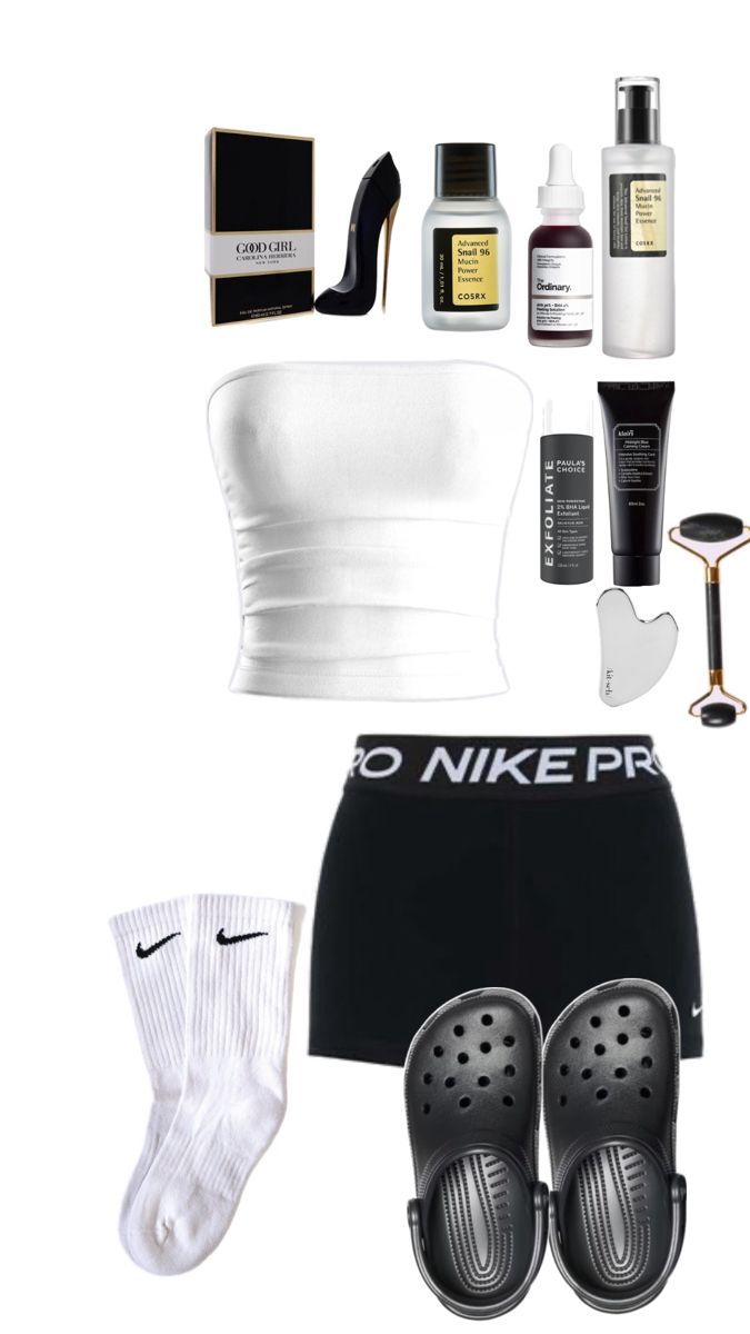 black nike  pro shorts white tube top dark skincare good girl perfume Cute Nike Pro Outfits, Nike Pro Outfits, Outfits With Nike Pros, Nike Pro Shorts Outfit, Cute Nike Pros, Nike Pro Outfit, Good Girl Perfume, Girl Perfume, Black Nike Pros