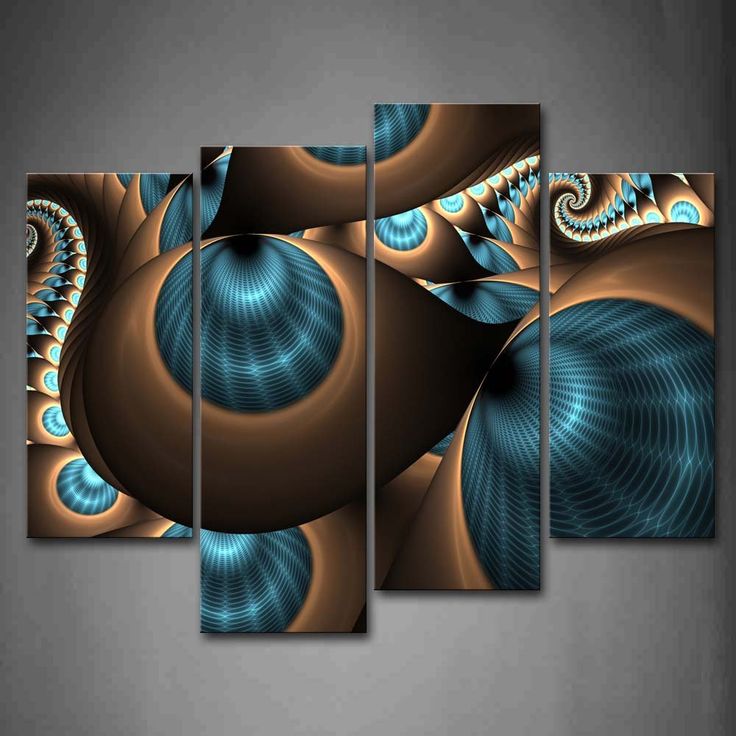 an abstract painting with blue and brown swirls on the bottom, in front of a gray background