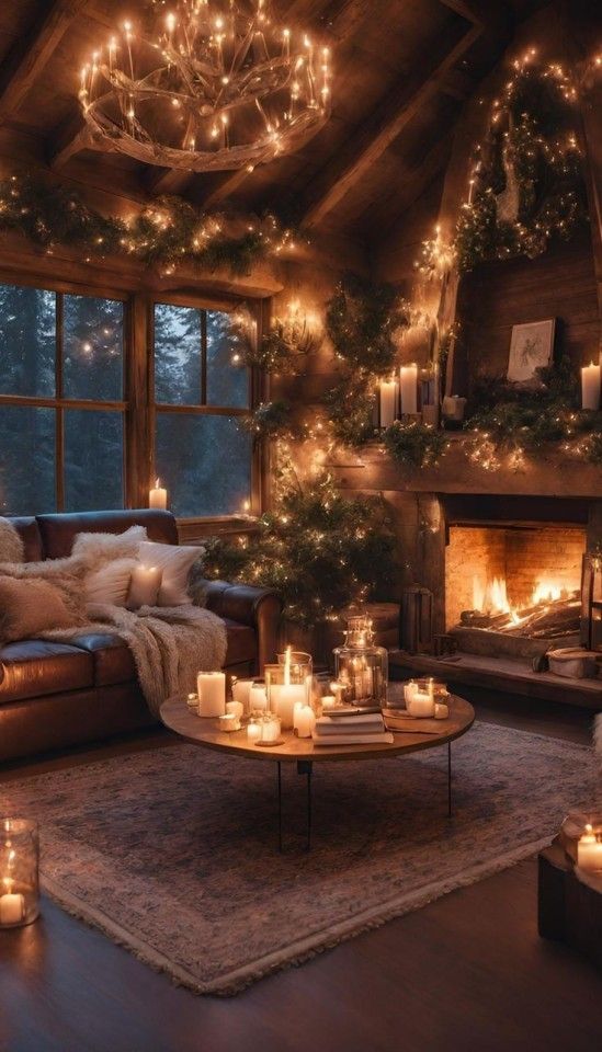 a living room filled with lots of candles and christmas lights on the wall next to a fire place