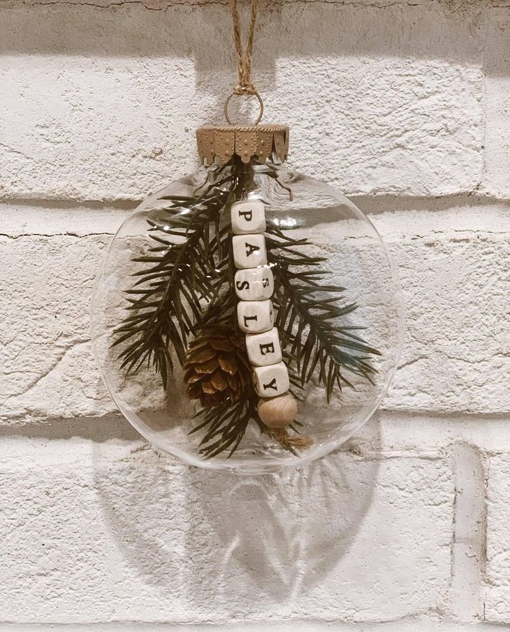 a glass ornament hanging on a brick wall with pine cones and letters in it