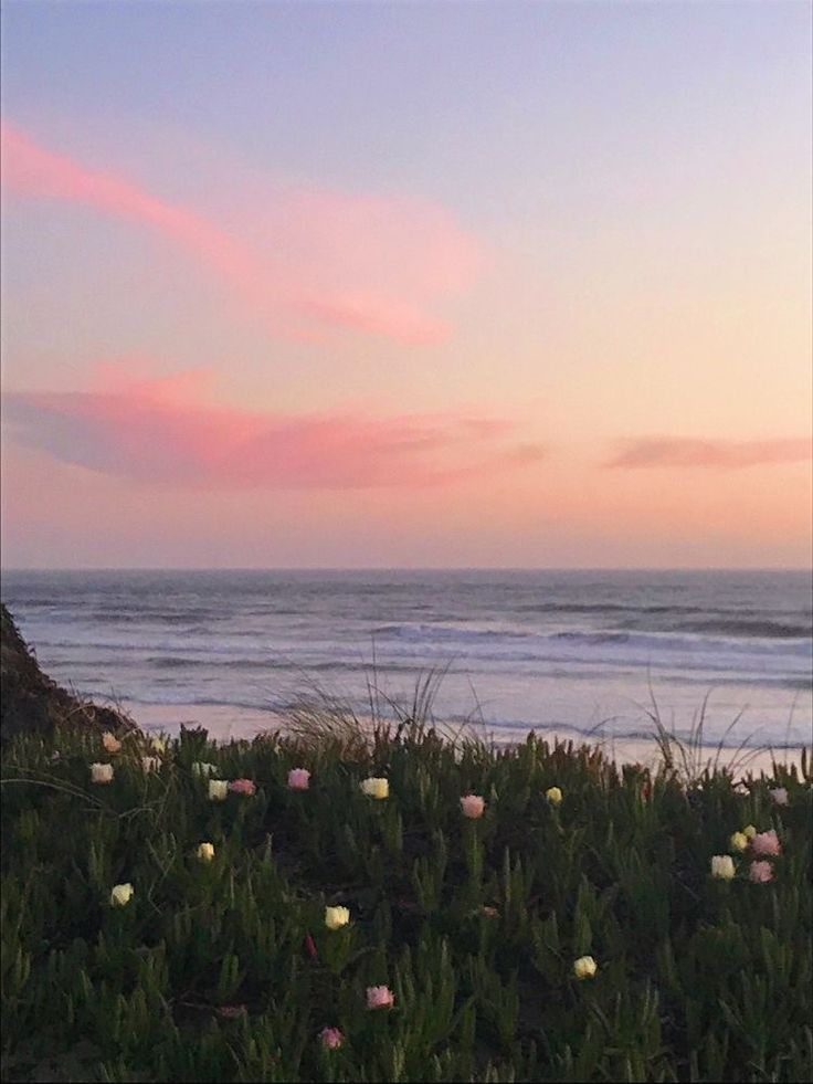 the sky is pink and purple over the ocean