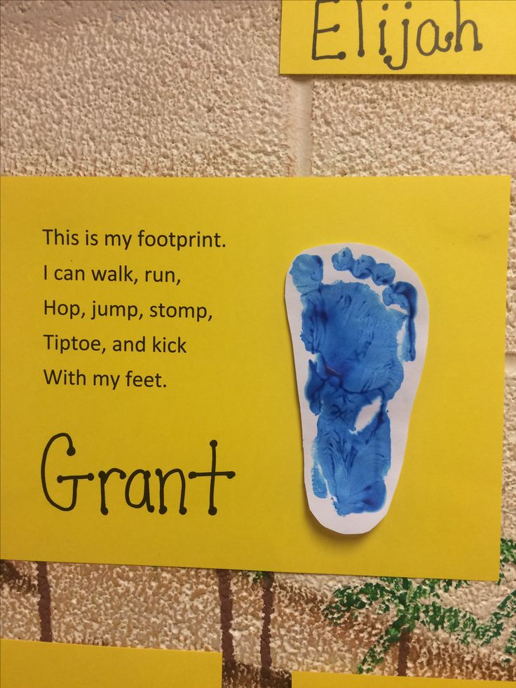 a yellow sign with blue handprint on it that says, i can walk, run, hop, jump, tiptoe, and kick with my feet