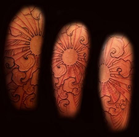 three different tattoos on both arms and legs, each with an image of the sun