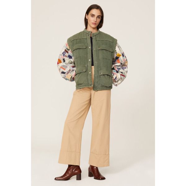 Green twill (100% Cotton) Padding (100% Polyester) Lining (100% Cotton). Quilted jacket. Long sleeves. Front button closure. 27" from shoulder to hemline. Imported. Patchwork Sleeves, Quilted Patchwork, Sea New York, Jacket Long, Quilted Jacket, Sleeve Cotton, Cotton Twill, Military Jacket, Khaki Pants