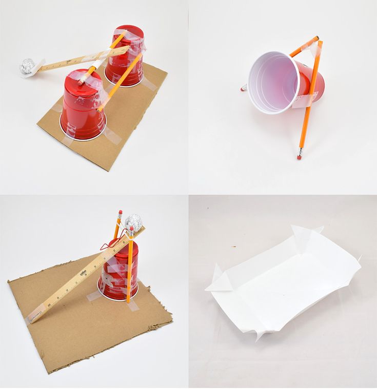 three different views of red cups with straws and pencils in them sitting on top of brown paper