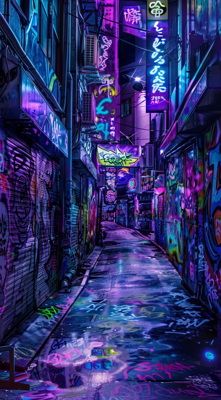 an alleyway with graffiti all over it and neon lights on the buildings above them