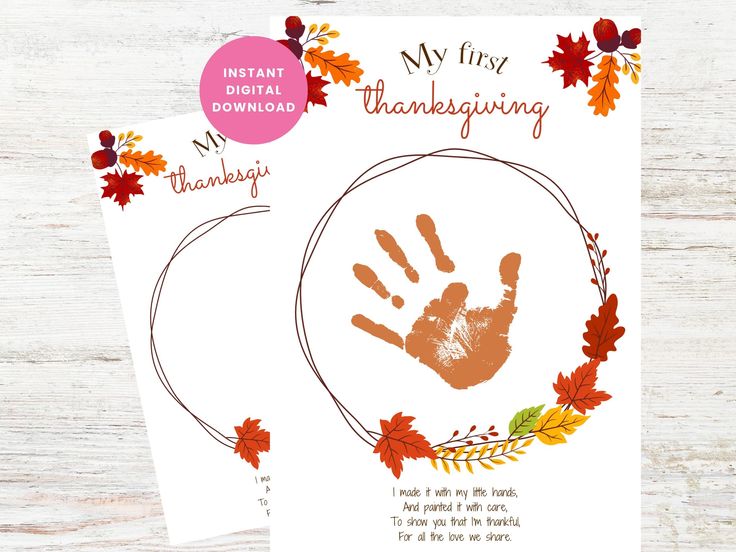 two thanksgiving cards with handprints and leaves on the front, one has an image of a child's hand