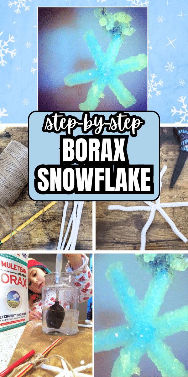 the steps to make borax snowflake are shown in this collage