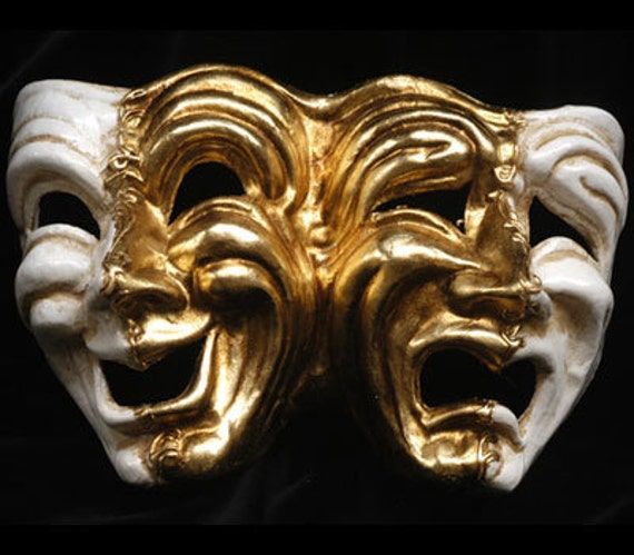 Height :33 centimeters Width:23 centimeters Handmade papier machè mask decorated with gold-leaf. This special creation illustrates the tragedy and comedy masks together and it is perfect as an elegant and original house decor element for theater lovers. Produced in Venice, Made in Italy. Please note that all our masks are handmade, as such every mask s one of a kind. You might receive a mask that is lightly differnt from the one in the picture. We ship worldwide with GLS, DHL and Fedex, directly Thalia And Melpomene Mask, Artistic Masks And Prosthetics For Themed Events, Acting Masks, Comedy Tragedy Masks, Drama Masks, Tragedy Mask, Venice Mask, Mask Aesthetic, Theatre Masks