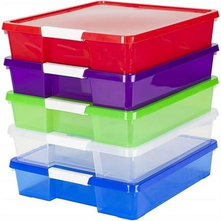 five plastic storage containers stacked on top of each other