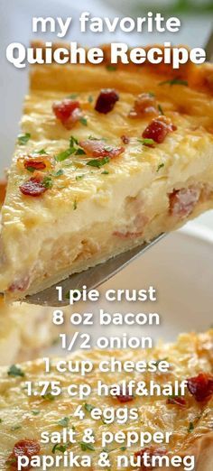 a piece of quiche on a white plate with the recipe title above it and description below