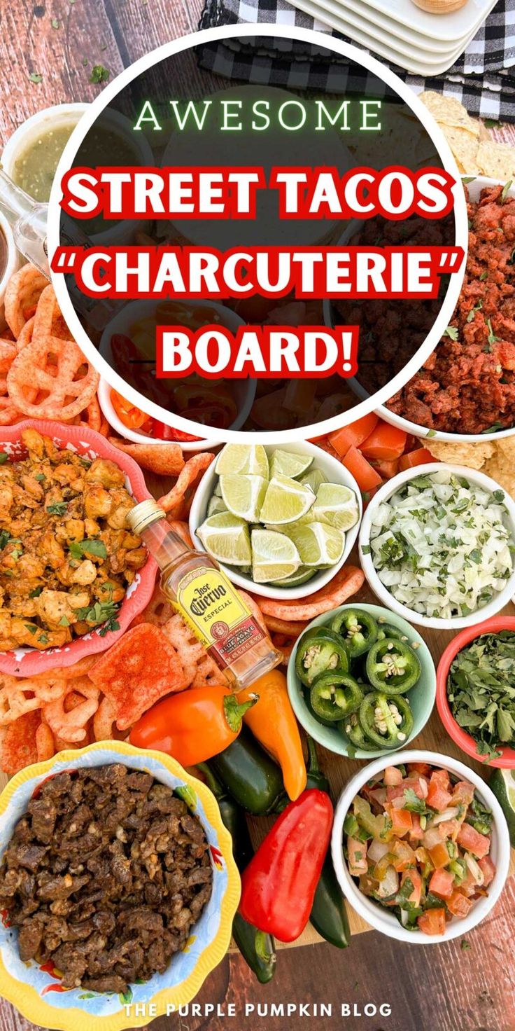 there are many different types of tacos on the table with text overlay that says awesome street taco's charcuterie board