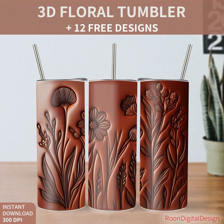 three brown vases with flowers and plants on them