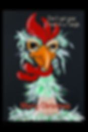 a drawing of a rooster with red feathers and green eyes on a black background,