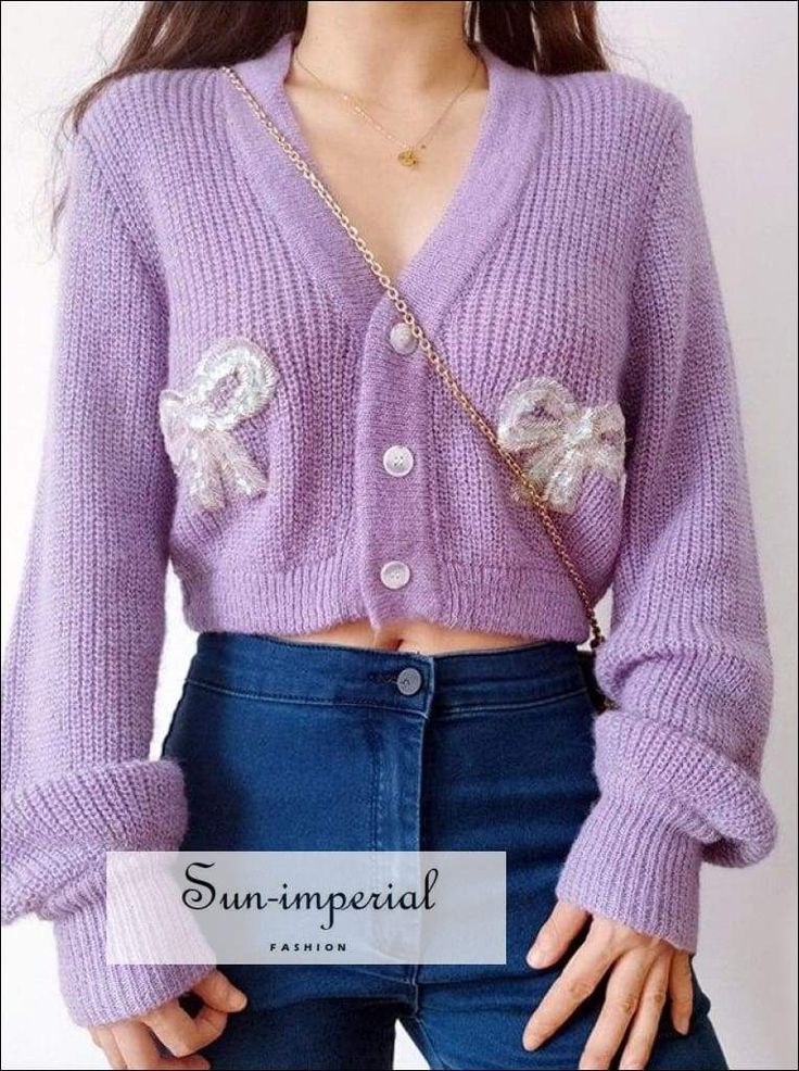 Women Lavender V Neck Fluffy Cropped Cardigan with Sequin Butterfly Details Affordable Purple Trendy Cardigan, Trendy Purple V-neck Cardigan, Cute V-neck Fall Sweater, Feminine V-neck Cardigan For Fall, Lavender V-neck Cardigan For Fall, Spring V-neck Acrylic Cardigan, Cute V-neck Sweater, Cute V-neck Knitted Sweater, Feminine Long Sleeve Winter Cardigan