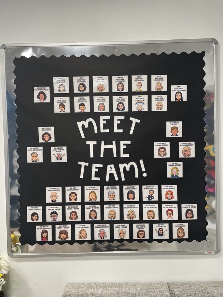 a bulletin board with the words meet the team written on it and pictures of people's faces