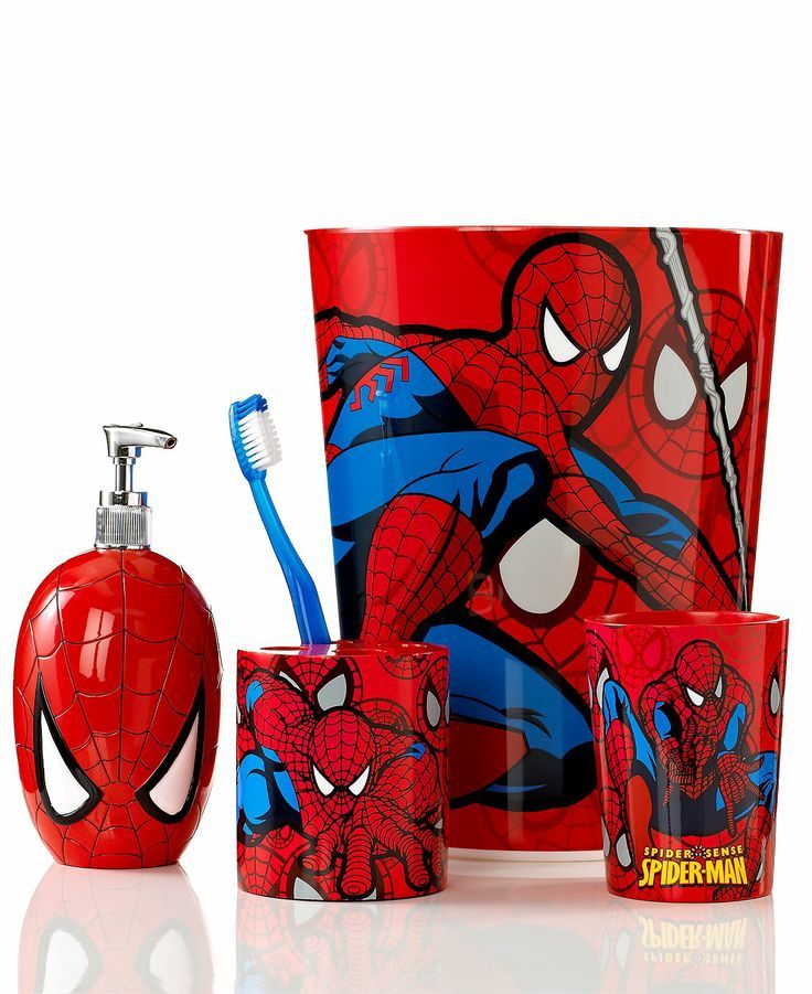 spiderman bathroom accessories set with toothbrush and soap dispenser on white background