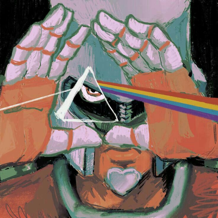 a drawing of a person holding a rainbow triangle in their hand with the other hand over his face