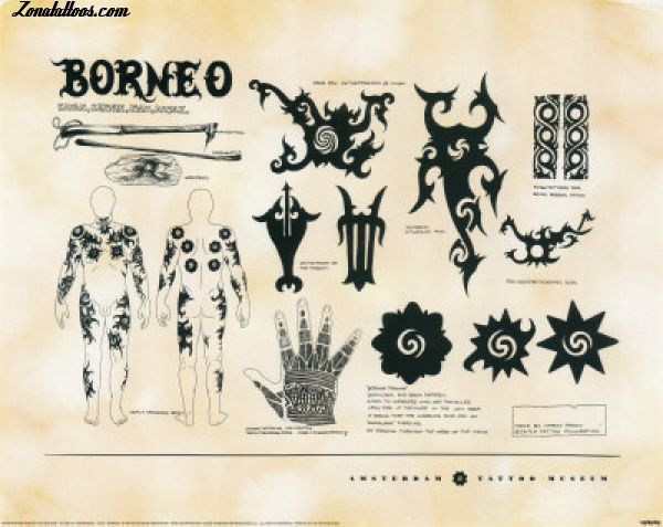 an old fashioned poster with some designs on it's back side and the words borno written in black ink