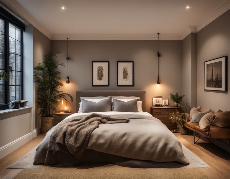 Light Walls Dark Bedding, One Bedroom Design Ideas, Brown Feature Wall Bedroom, Bedroom Ideas Dark Brown Furniture, New Build Bedroom Ideas, Dark Cosy Bedroom Ideas, Master Bedrooms Painting Ideas, Low Light Bedroom, Trending Bedroom Ideas