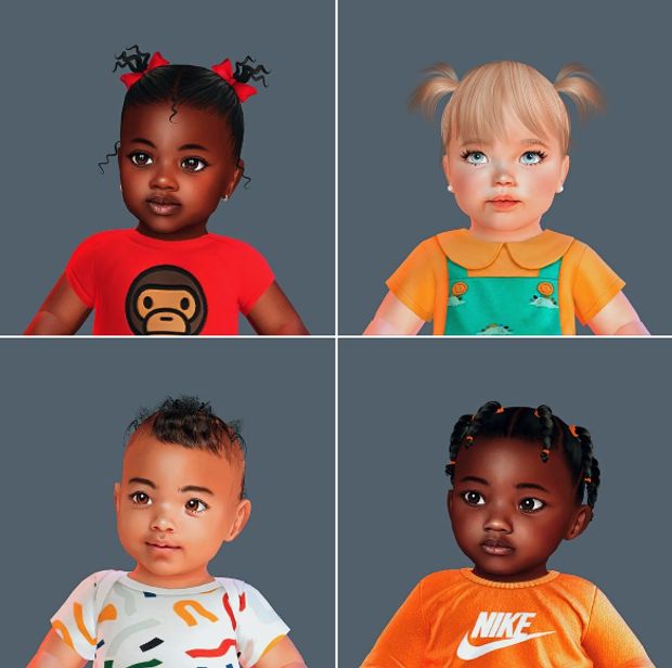 four children with different hair styles and colored shirts