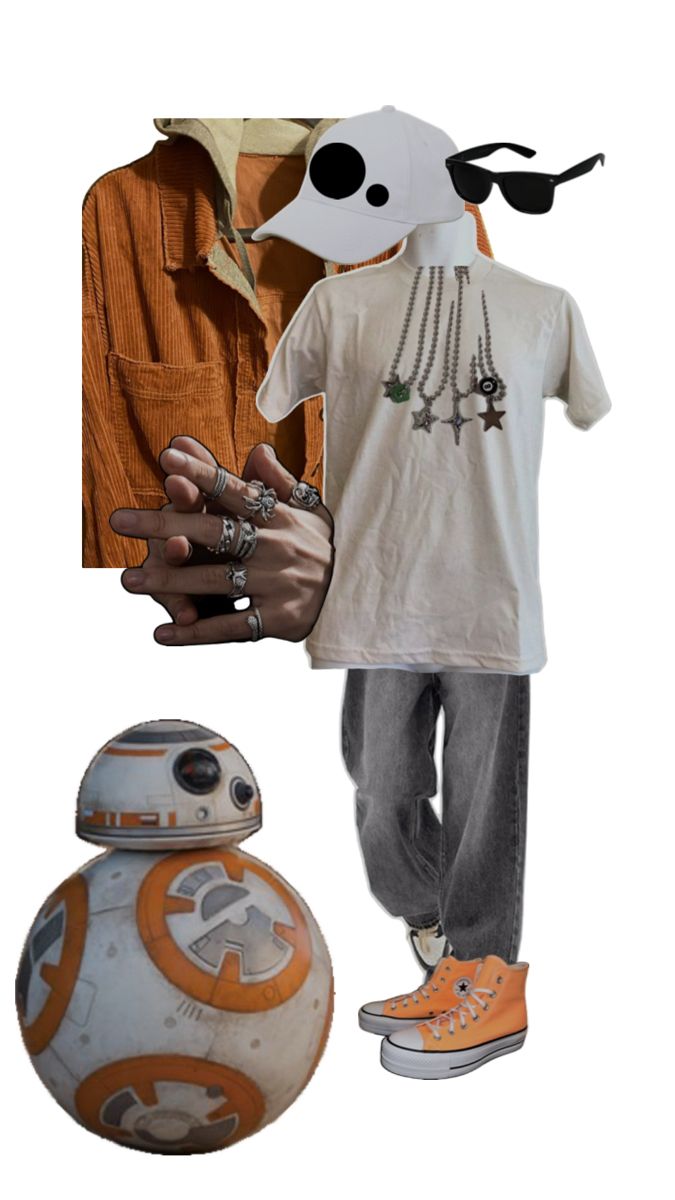 a man in an orange shirt and star wars costume next to a bbg ball