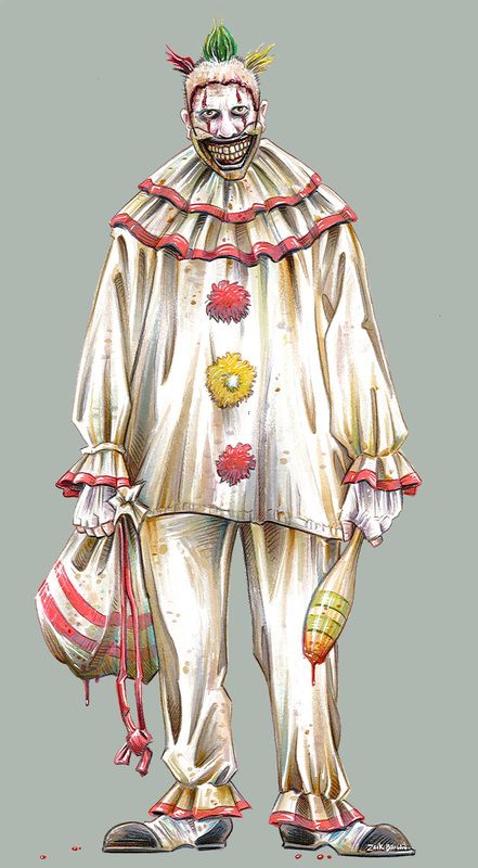 a drawing of a creepy clown holding two bags