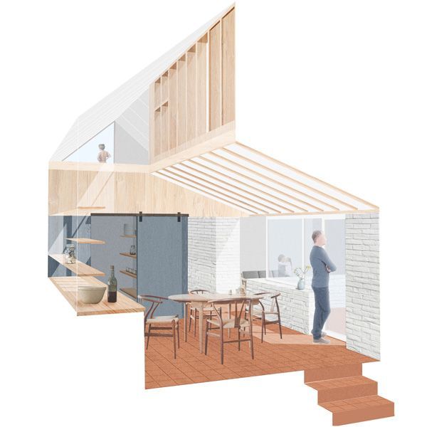 an artist's rendering of a living room with stairs leading up to the upper floor