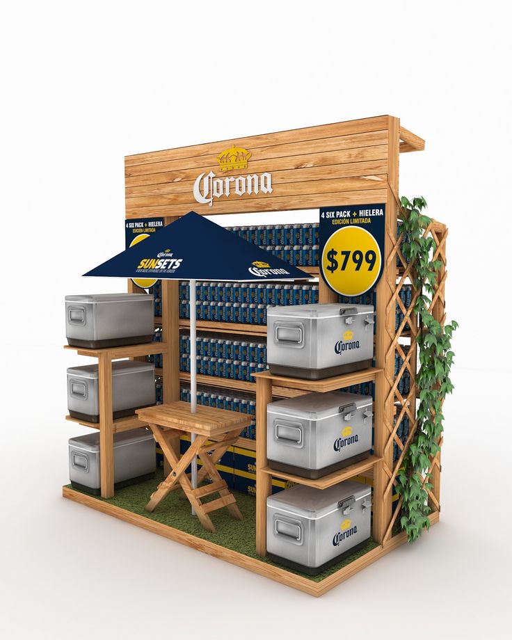 an outdoor display with coolers and boxes on the shelves for corona beer, as well as a sign that says corona