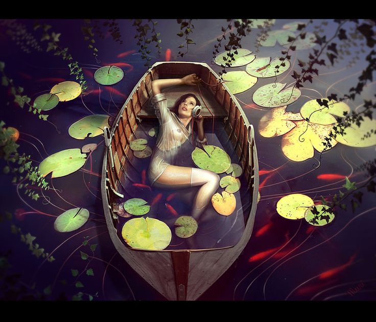 a woman is sitting in a boat with lily pads