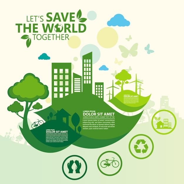 an image of save the world together with green buildings and trees on top of it