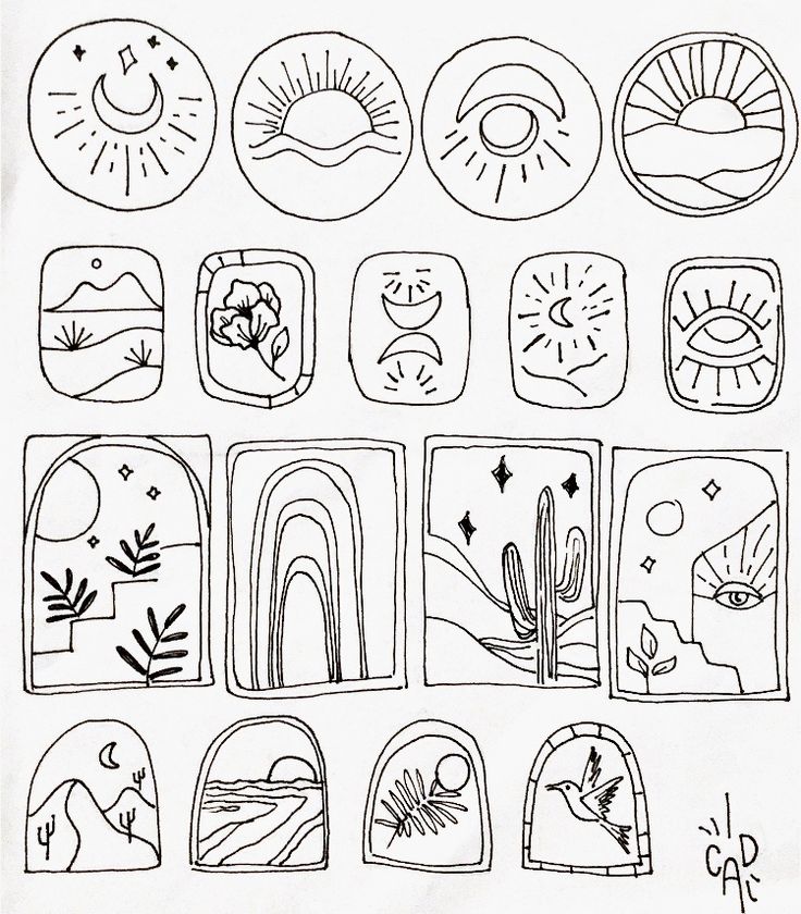 a drawing of different shapes and sizes of windows with cactuses, sun, clouds, and mountains in the background