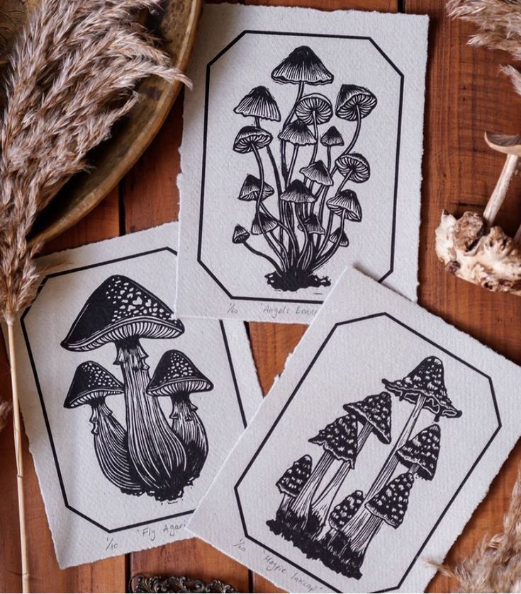 three black and white cards with mushrooms on them next to some dried grass, one is in the foreground