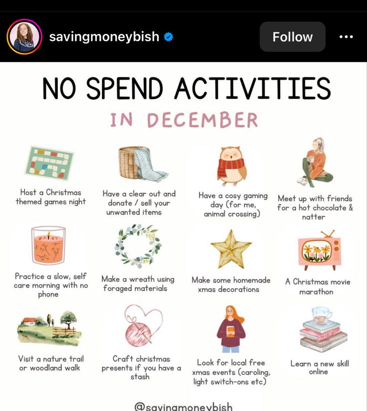 a poster with the words, no spend activities in december and other things to do