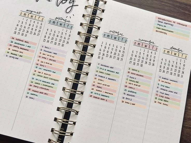 an open planner with the month on it