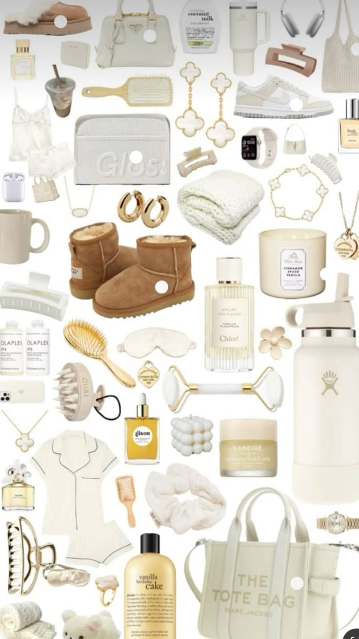 a collage of white items including shoes, handbags and purses on a white background