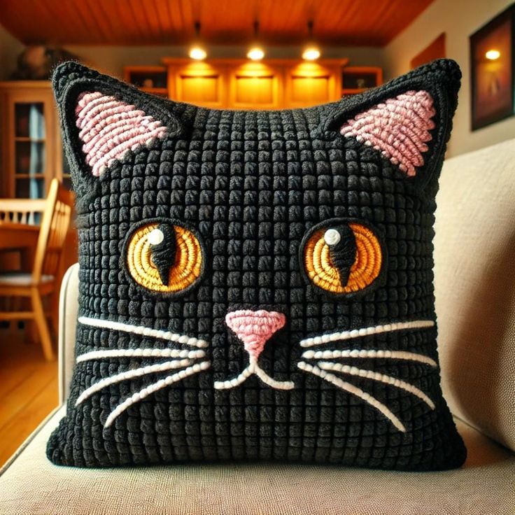 a crocheted black cat pillow sitting on top of a couch