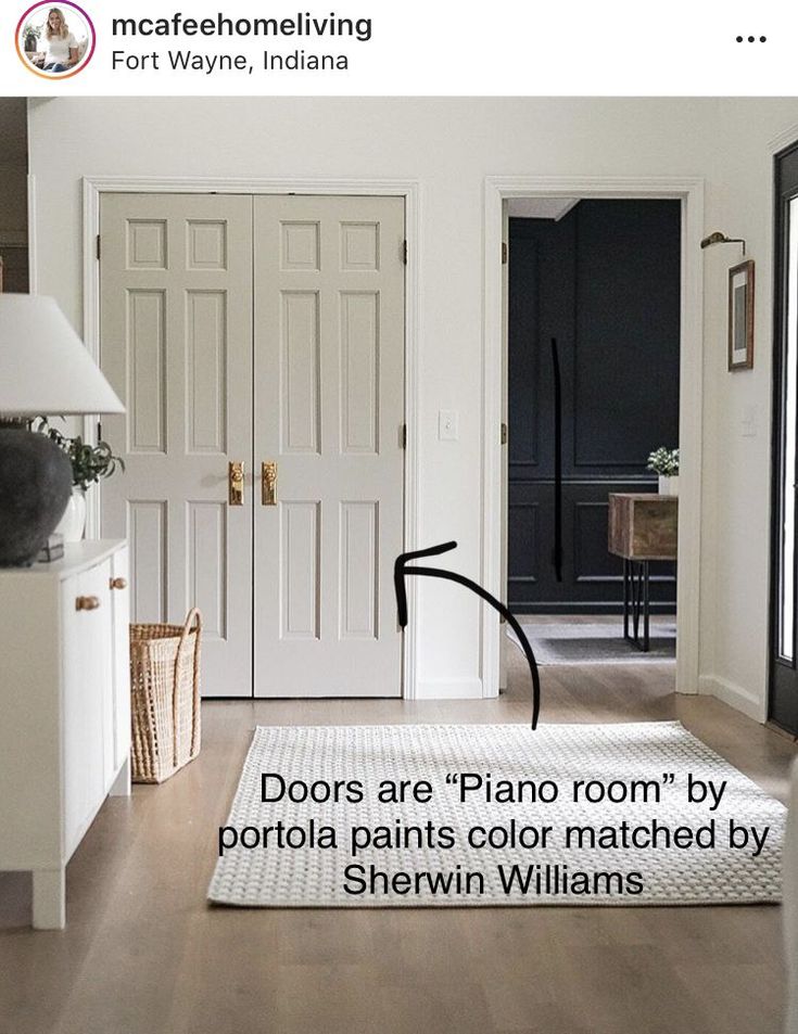 an image of a room with white walls and wood floors that has the words doors are piano room by portland paints color matched by shewn williams