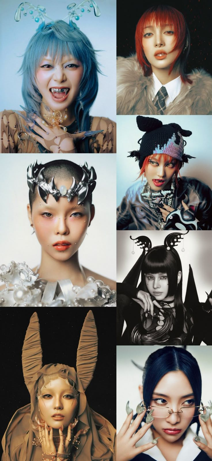 four different images of women with weird hair and make - up on their faces, all wearing costumes