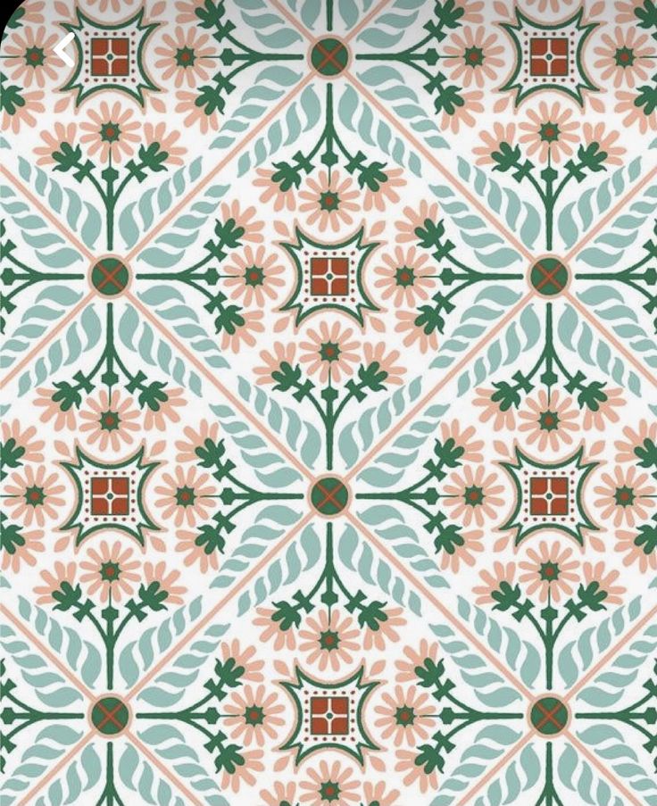 an abstract floral pattern with leaves and flowers in green, orange and red colors on a white background