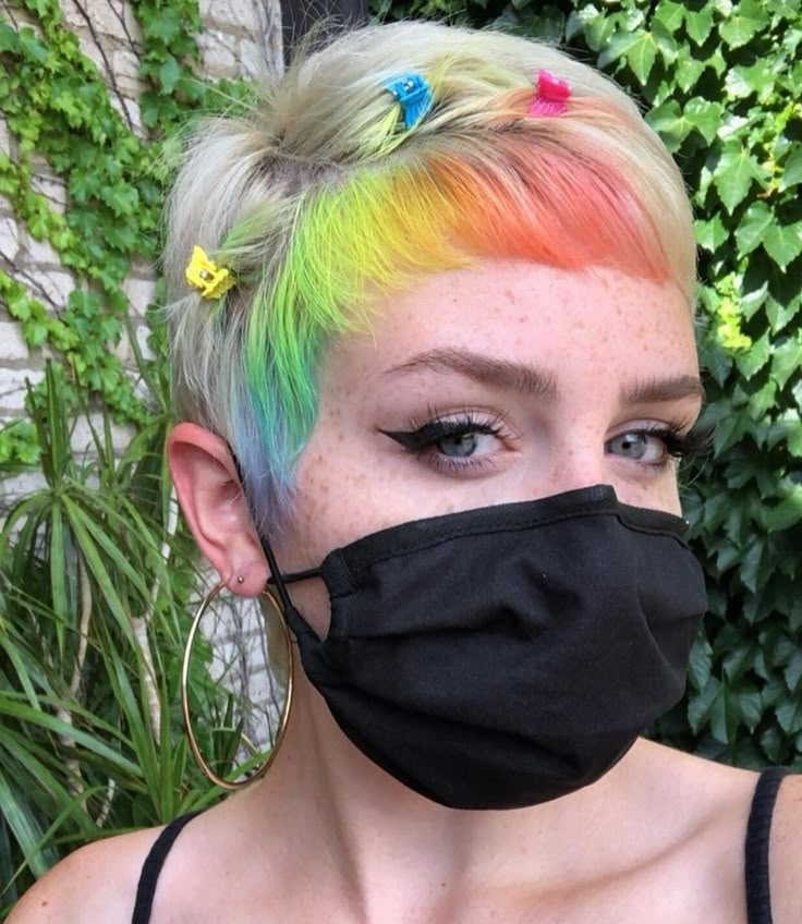 Vivid Hair Color Short Hair, Multicolor Short Hair, Two Tone Pixie Cut, Dyed Short Hair Pixie, Alternative Pixie Cut, Split Dye Pixie Cut, Pride Hair Color, Multicolor Hair Dye, Rainbow Pixie Hair