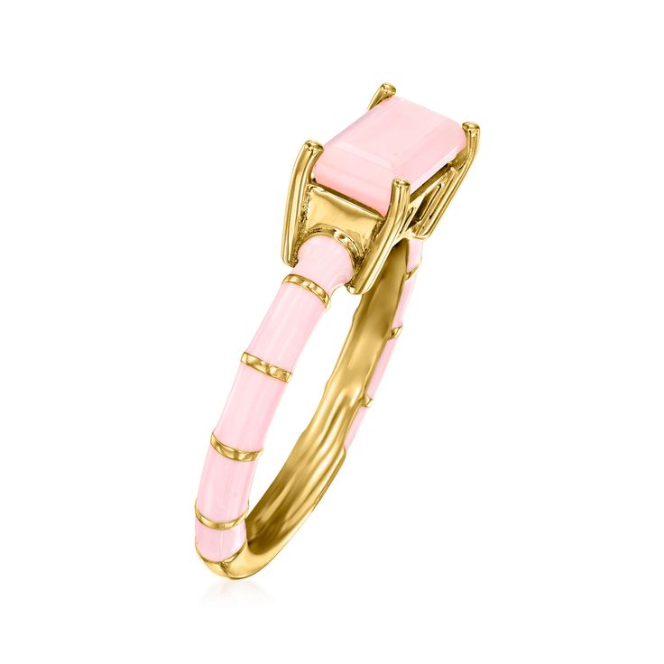 Ross-Simons - Pink Opal and Pink Enamel Ring in 18kt Gold Over Sterling. Size 10. An RS exclusive. Here's a playful ring with lots of modern appeal. A 10x5mm baguette pink opal is presented in a unique east-west arrangement with bright pink enamel along the band. Set in polished 18kt yellow gold over sterling silver. You'll enjoy the fashion-forward feel of this statement ring! 1/4" wide. Pink enamel and pink opal ring. Opal birthstones are the perfect gift for October birthdays. October Birthdays, Cloud Ring, Pink Opal Ring, Opal Birthstone, Ring Opal, October Birthday, Pink Enamel, Enamel Ring, Opal Ring