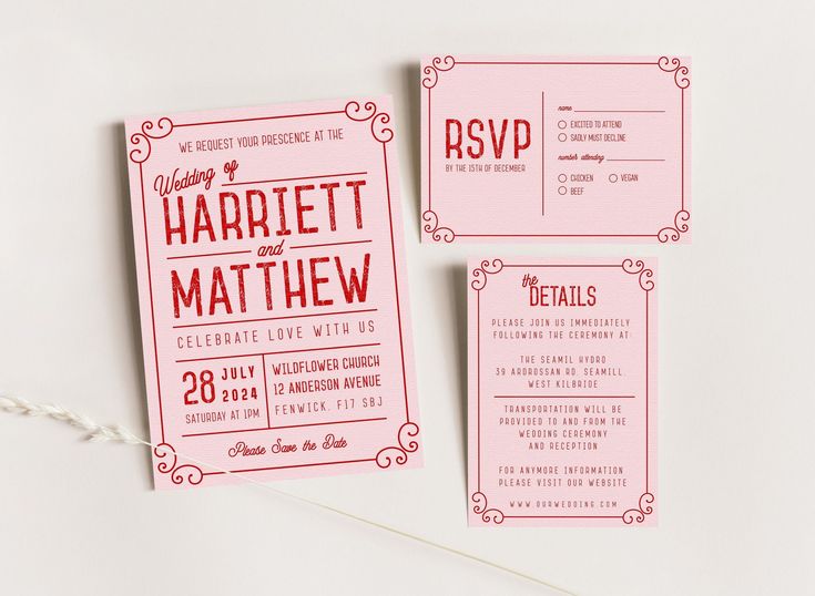 the wedding stationery is pink and red